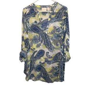 Chico's Womens Blue Paisley Roll Tab Sleeve V-Neck Tunic Top 2/L Vacation